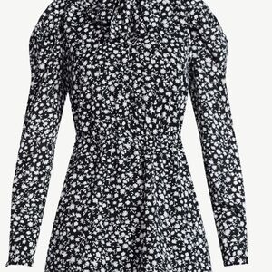 floral bow-neck mini dress - Black/White
